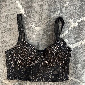 Victoria Secret Black Lace Longline Bra with Delicate Floral Design Size 34C